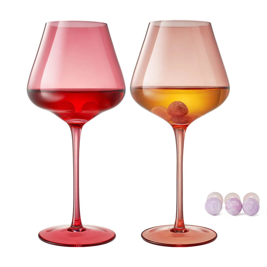 Colored Red & Pink Crystal Wine Glass with 6 Quartz Chillers