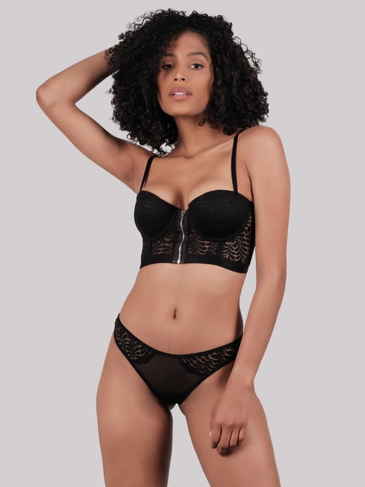 Metallic Zipper Lace Bralette & Thong, Semi Push Up Stretchy Set for Anniversary Gifts, Wedding , Engagement , Bride Gifts, Bridal lingerie