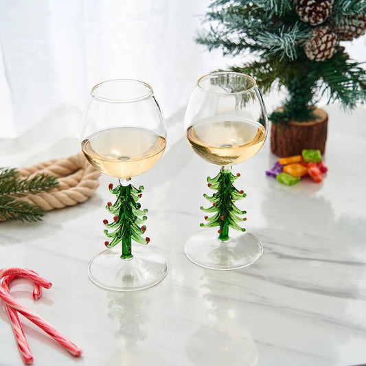 Crystal Green Christmas Tree Wine Glasses - Set of 2, 10 oz