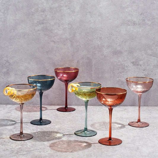 Colored Coupe Art Deco Glasses | Set of 6 | 7.3 oz Classic