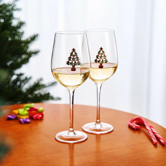 Set of 2 Stemmed Diamond Studded Christmas Tree Wine Glasses