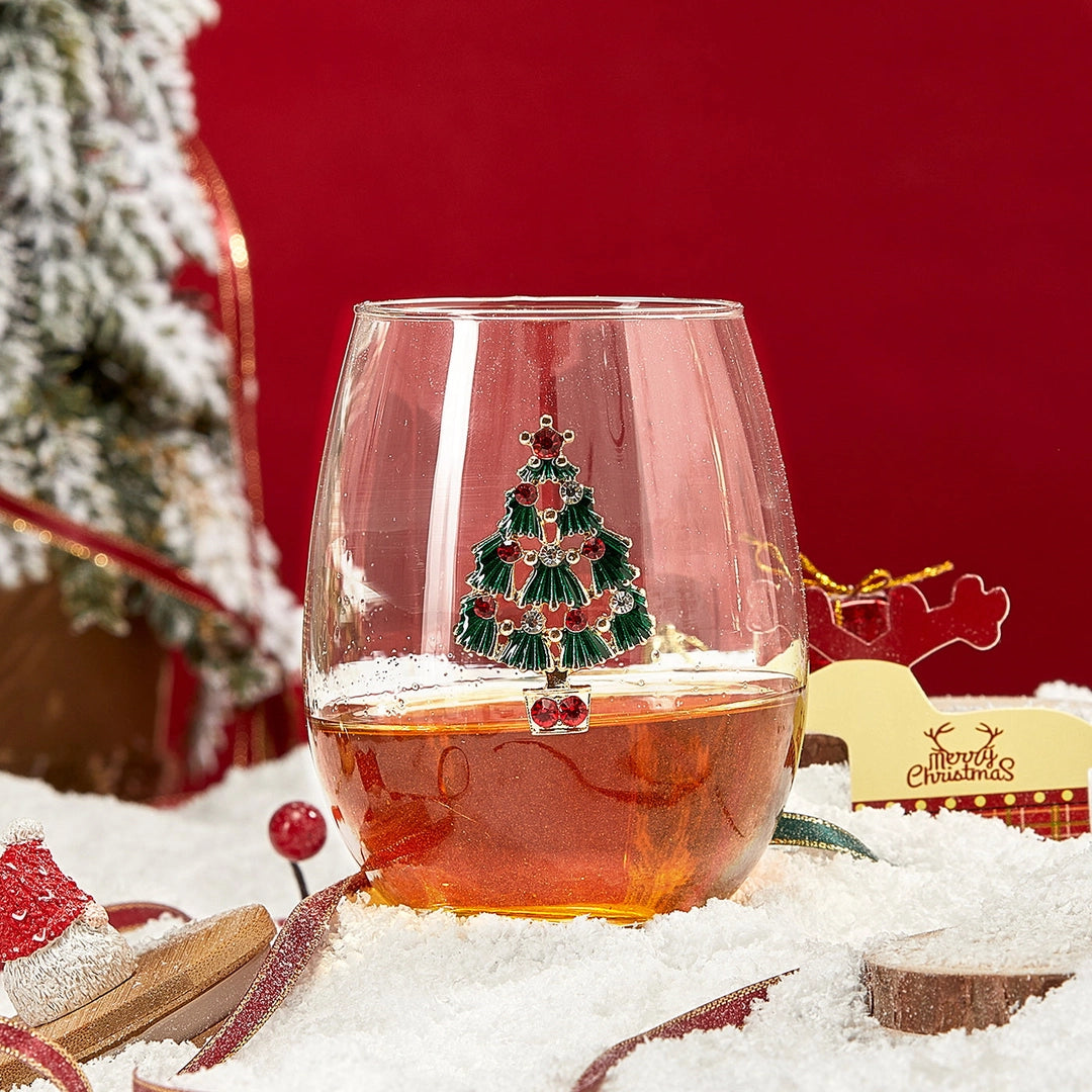 Set of 2 Stemless Christmas Tree Wine Glasses