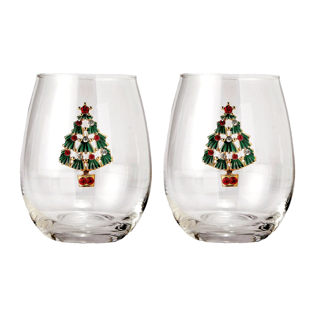 Set of 2 Stemless Christmas Tree Wine Glasses