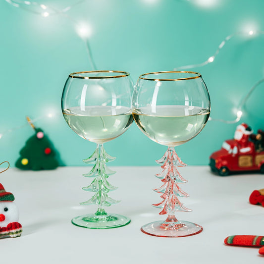 Christmas Holiday Tree Stemmed Wine Glass, Set of 2 12oz