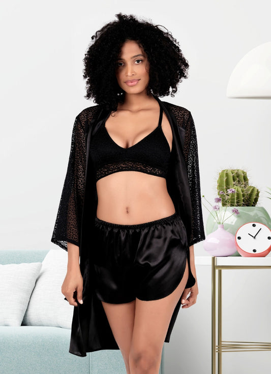 Floral Lace Bralette & Satin Shorts Set: Chic Loungewear