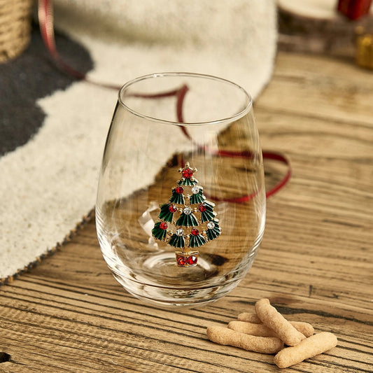 Set of 2 Stemless Christmas Tree Wine Glasses